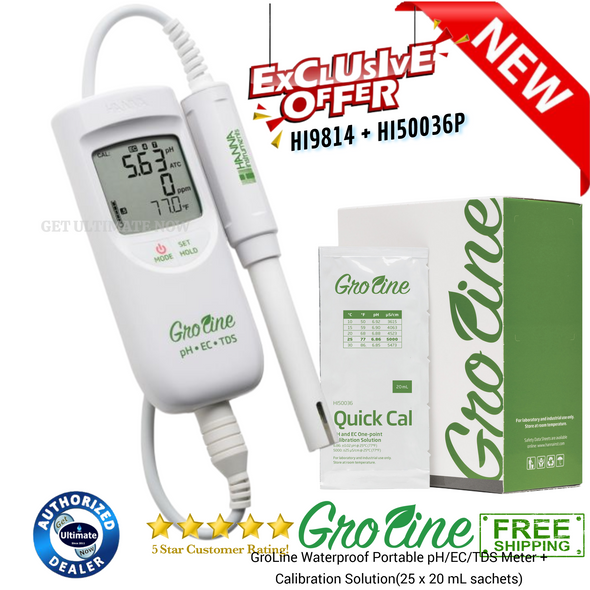 GroLine Waterproof Portable pH/EC/TDS Meter with Calibration Solution(25 x 20 mL sachets)