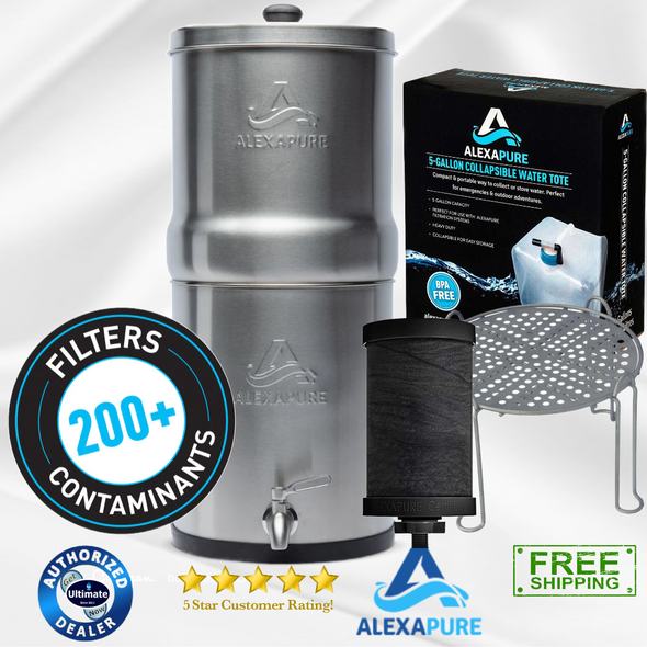 Alexapure Pro Water Filtration System with Stainless Steel Stand and 5 Gallon Collapsible Water Container