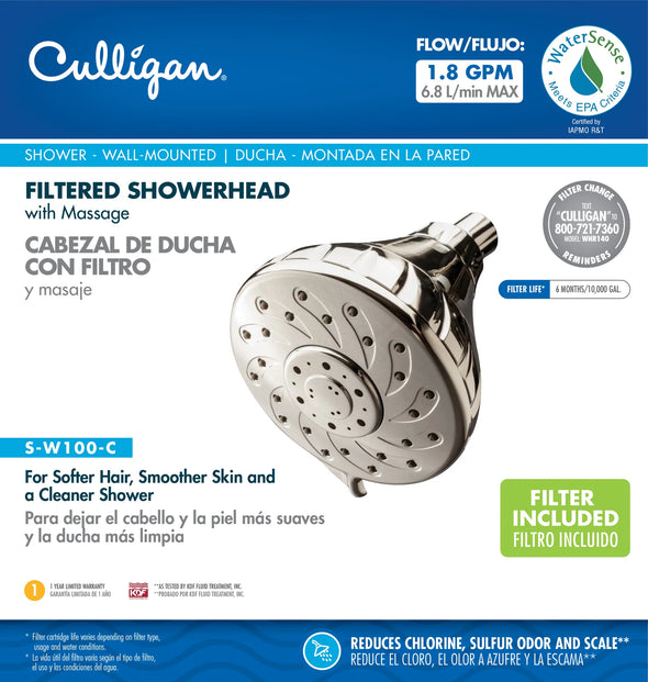 Wall-mounted chrome filter shower head by Culligan