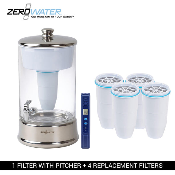 Zerowater 40-Cup Glass Dispenser & 4 Replacement Filter Combo