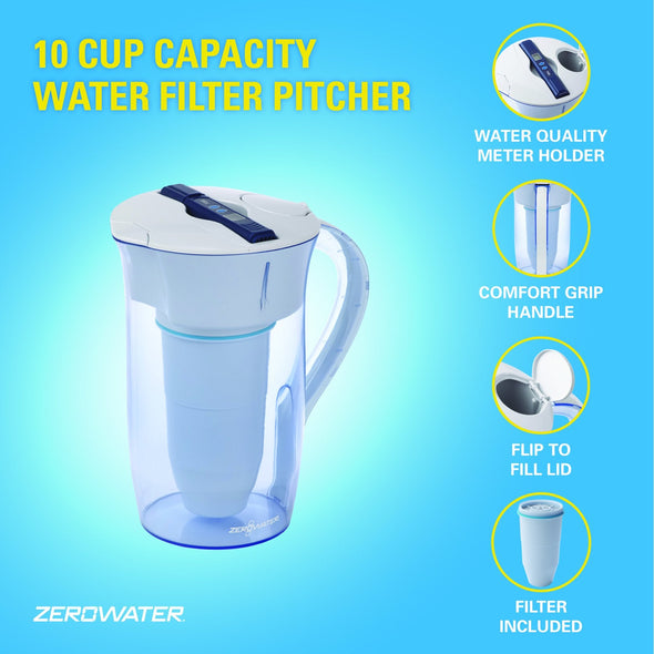 ZeroWater 10 Cup Round Water Filter Pitcher with Water Quality Meter