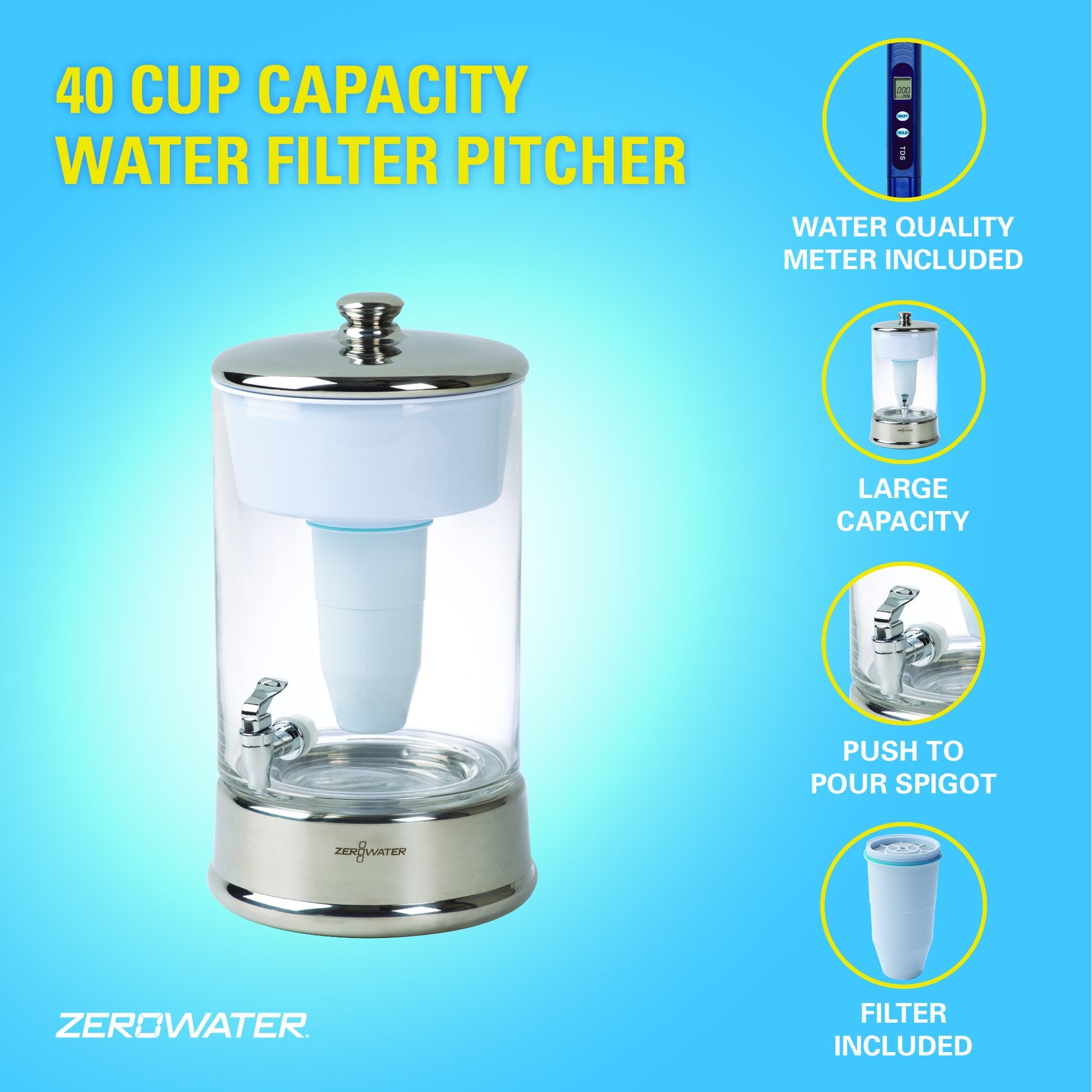 Zerowater 40 Cup Glass Water Dispenser with Filter